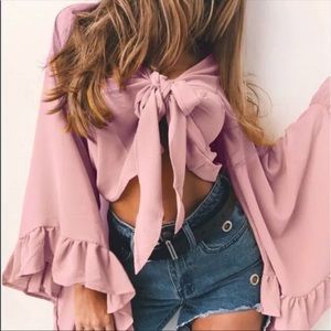 Pink mauve ruffle crop tie top bell sleeve flared butterfly bolero wrap shirt